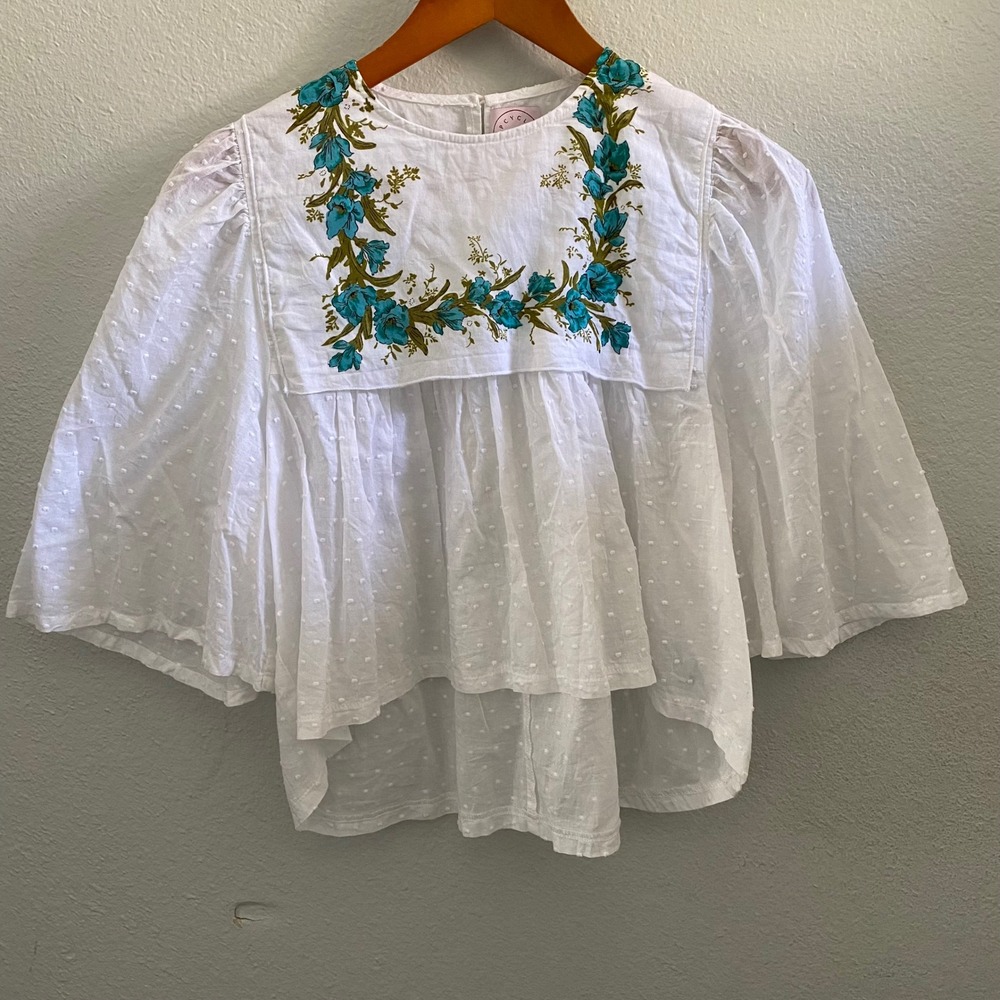 Upcycled by Reissued White Dot Floral Embroidered Babydoll Blouse 100% Cotton